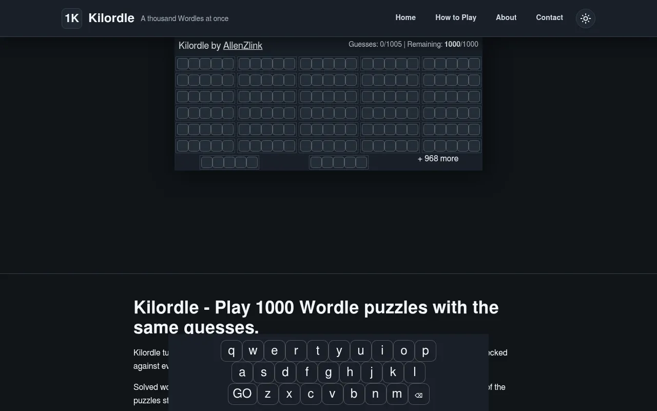 Kilordle board: Guesses 0/1005, Remaining 1000/1000, a grid of 32 small empty Wordle boards with + 968 more, and a keyboard with a GO key