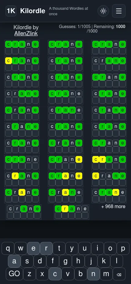 Kilordle at phone size after the guess CRANE: three columns of small coloured boards, + 968 more, and the keyboard along the bottom