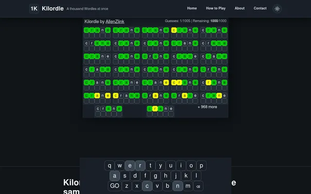Kilordle on a desktop after the guess CRANE: Guesses 1/1005, Remaining 1000/1000, 32 small boards coloured green and yellow, + 968 more, and the on-screen keyboard with GO