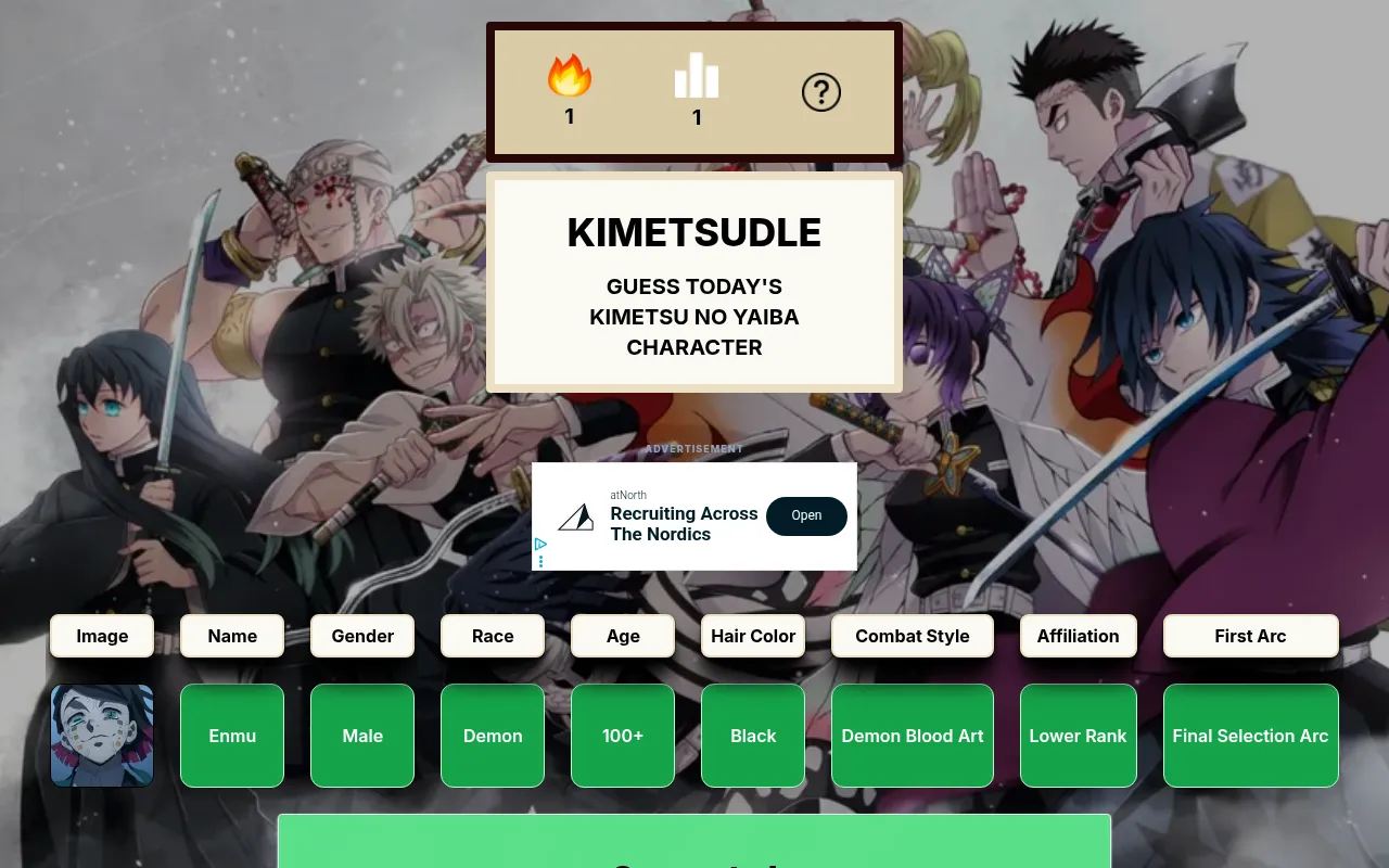 Kimetsudle after today's win: an Enmu row with every tile green under the attribute columns, below the title card and an advertisement unit