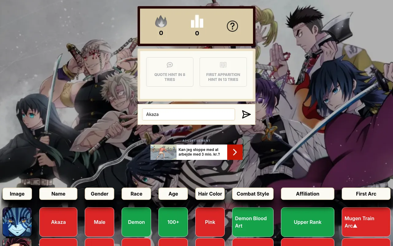 A Kimetsudle guess for Akaza: green tiles for race, age, combat style and affiliation, red for name, gender, hair colour and first arc, under the quote and first apparition hint cards