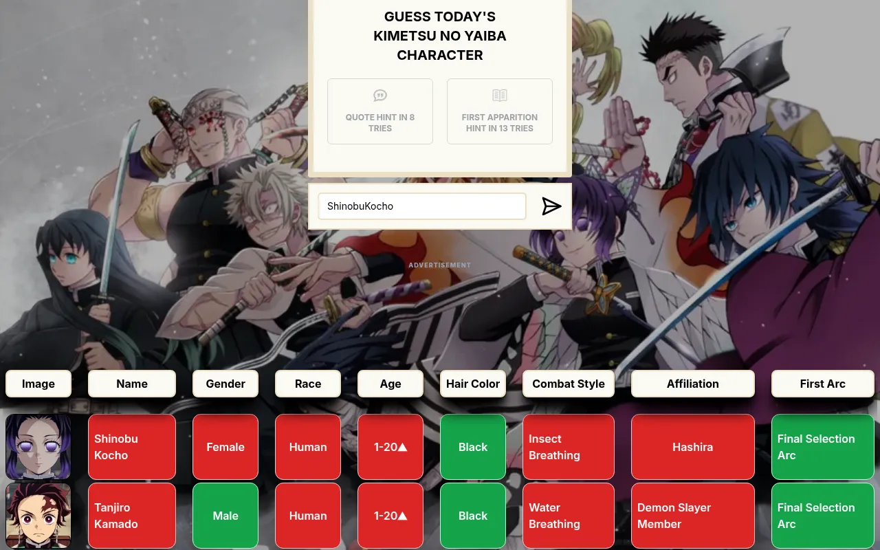 Today's Kimetsudle board with guess rows for Shinobu Kocho and Tanjiro Kamado, mostly red tiles with green for black hair and the Final Selection arc and an age arrow