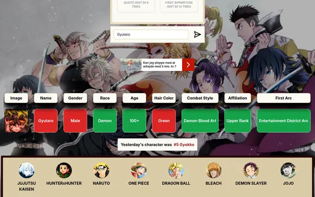 Today's Kimetsudle board with a Gyutaro guess: red for name, gender and hair colour, green for demon race, age 100+, blood art, Upper Rank and Entertainment District arc