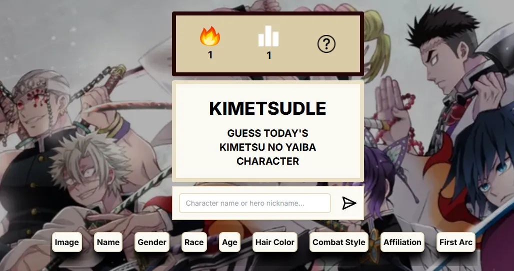 The Kimetsudle start screen: Guess today's Kimetsu no Yaiba character, with a name box and the attribute columns over Demon Slayer art