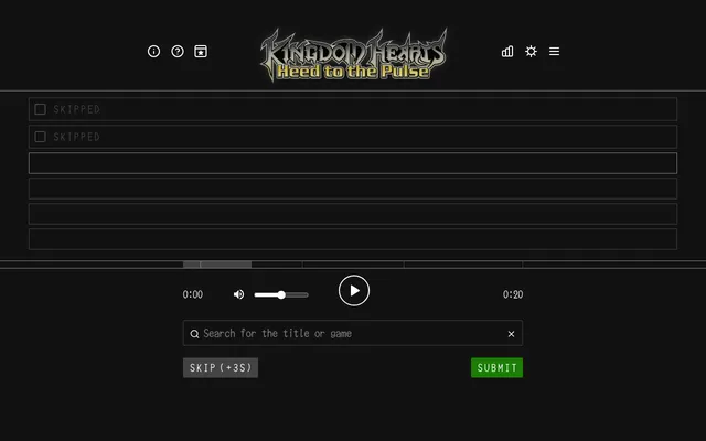 Kingdom Hearts Heed to the Pulse in play: two skipped guesses in the six-row grid, the clip timeline, a play button, the song search box and Skip and Submit buttons