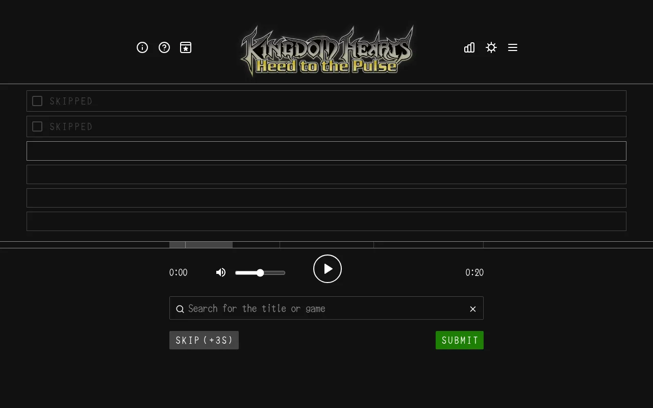 Kingdom Hearts Heed to the Pulse in play: two skipped guesses in the six-row grid, the clip timeline, a play button, the song search box and Skip and Submit buttons