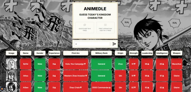Kingdomle guesses for BaTei, AKou and AiSen, with tiles for gender, experience, first arc, military rank, origin, strength, leadership, intelligence and weapon, and quote and first-appearance hints ab