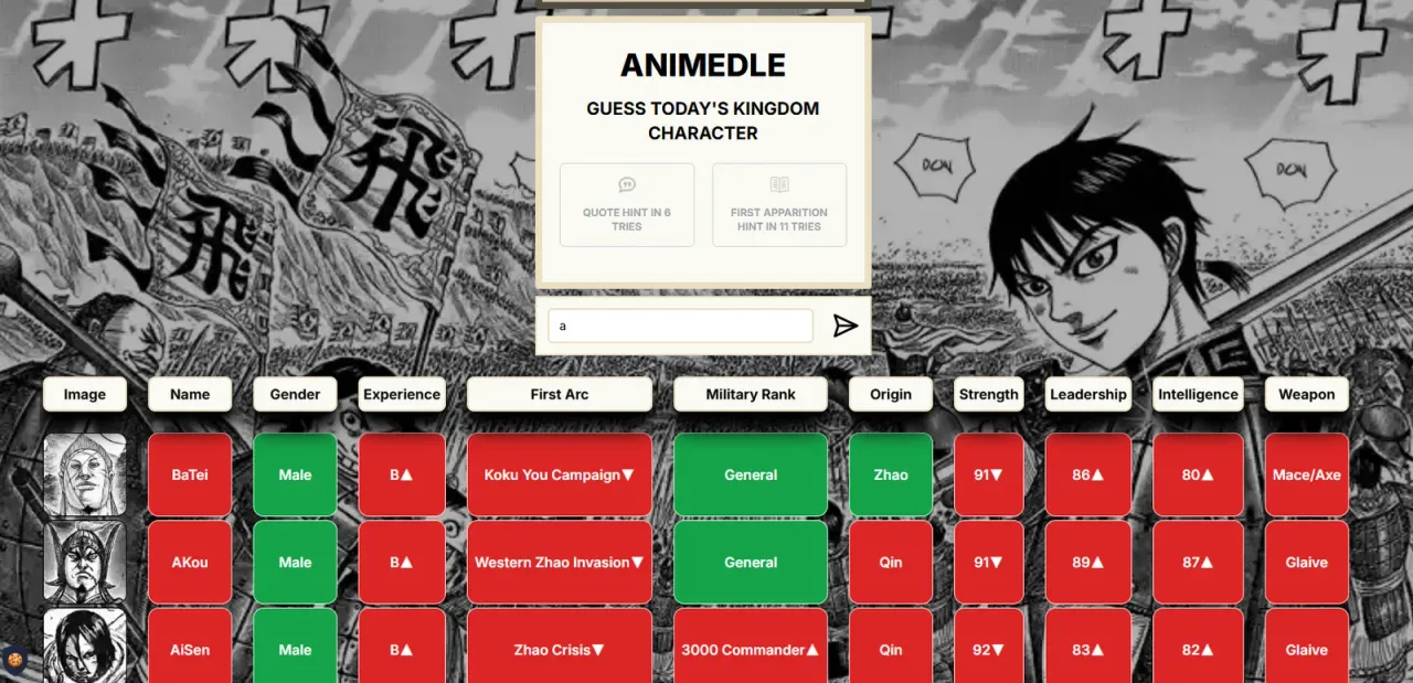 Kingdomle guesses for BaTei, AKou and AiSen, with tiles for gender, experience, first arc, military rank, origin, strength, leadership, intelligence and weapon, and quote and first-appearance hints ab