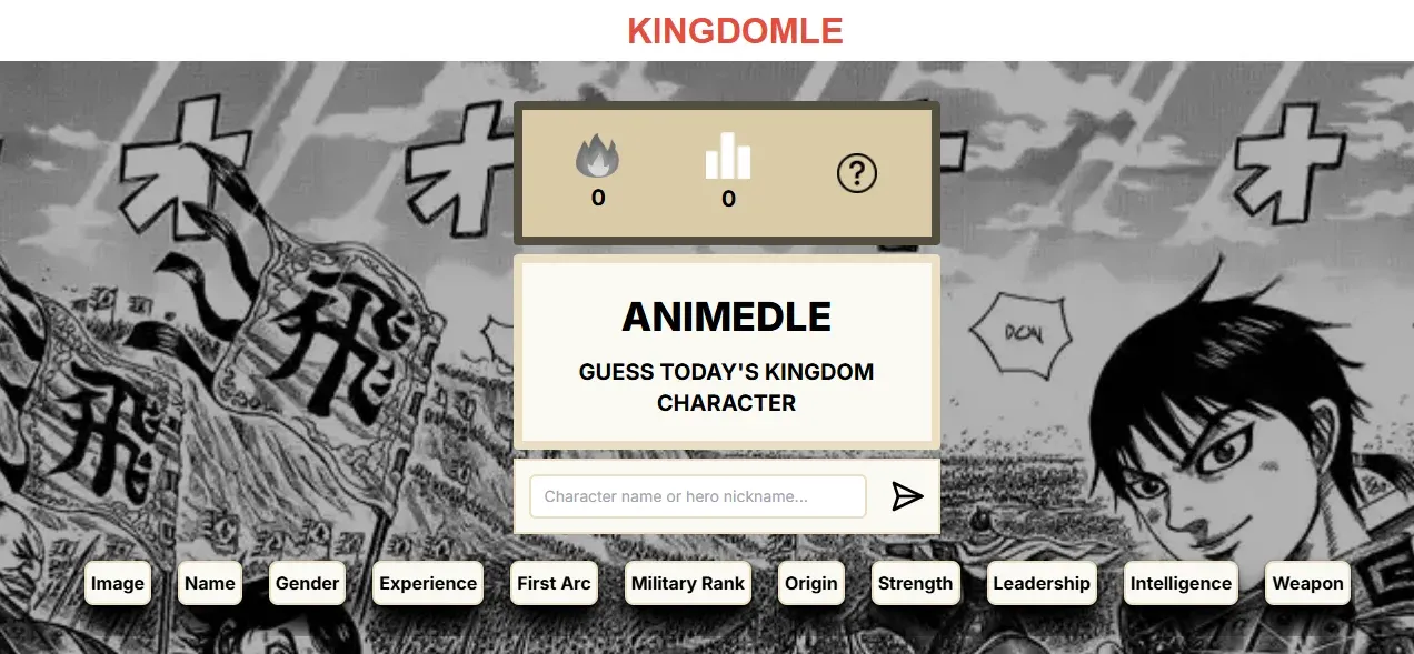 The Kingdomle start screen: Guess today's Kingdom character, a name box and the attribute columns over Kingdom manga art