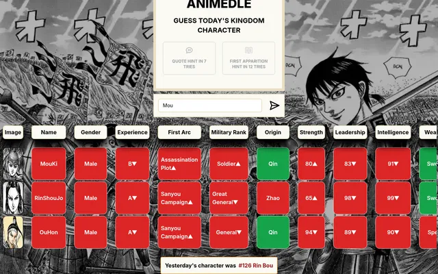 Today's Kingdomle board with guesses for MouKi, RinShouJo and OuHon: red and green tiles for gender, experience, first arc, rank, origin, strength, leadership and intelligence