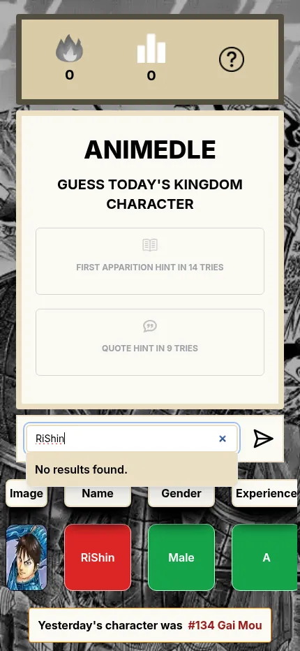 Kingdomle at phone size: the two hint cards, the name box, a first guess row for Ri Shin and yesterday's answer #134 Gai Mou