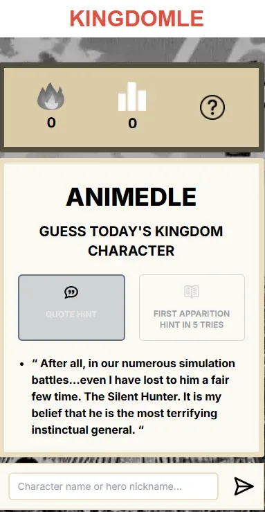 Kingdomle quote hint unlocked: a quote about the Silent Hunter, with the first-appearance hint still five tries away