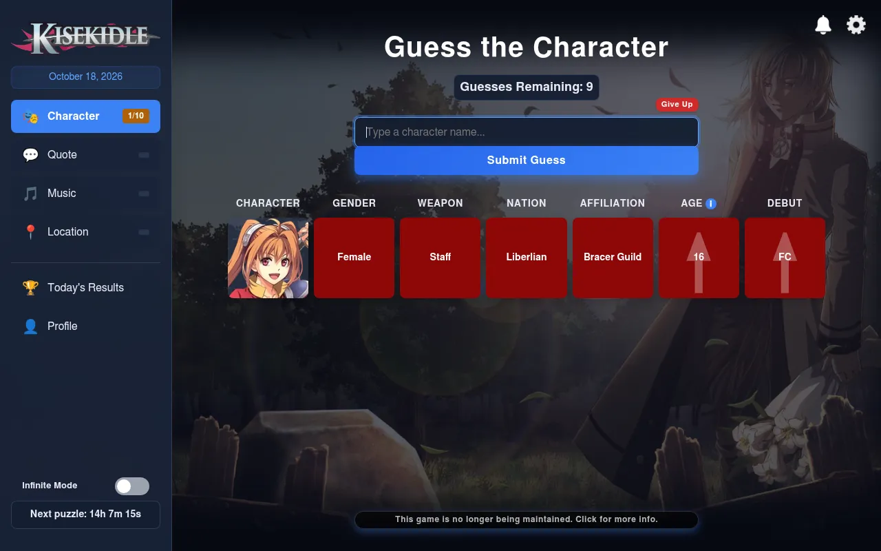 Kisekidle's Guess the Character board on October 18, 2026, after a first guess of Estelle Bright, with red tiles for gender, weapon, nation, affiliation and arrows on age and debut