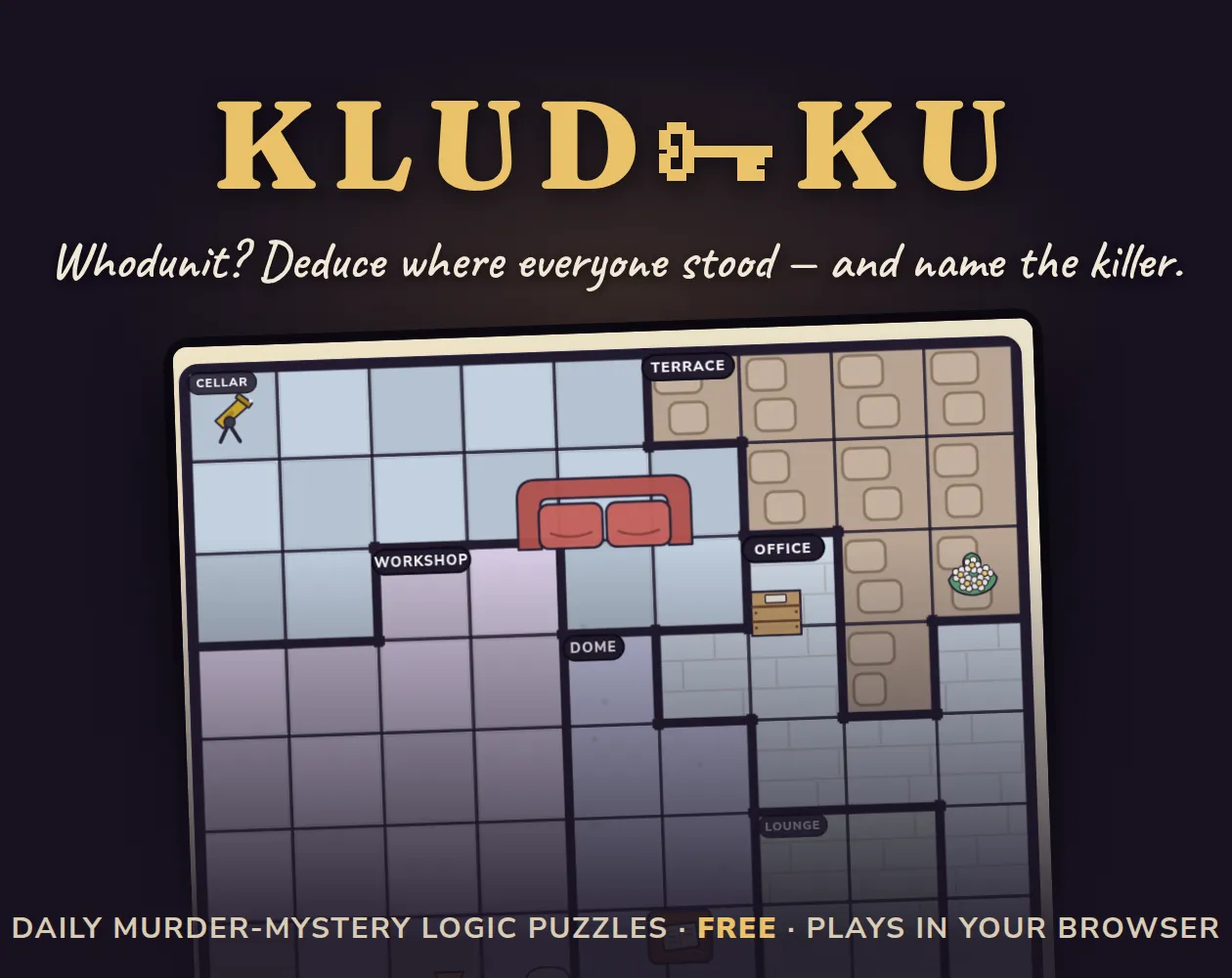 Kludoku cover art: the game's title over a tilted observatory floor plan, with the line Deduce where everyone stood and name the killer