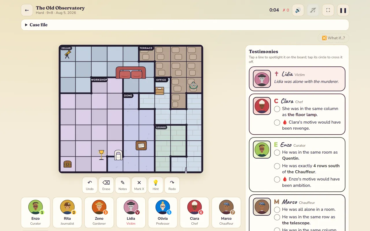 A Kludoku case in play: The Old Observatory, a hard 9x8 floor plan with rooms such as Cellar, Workshop and Dome, beside the suspects' testimonies and a row of suspect cards
