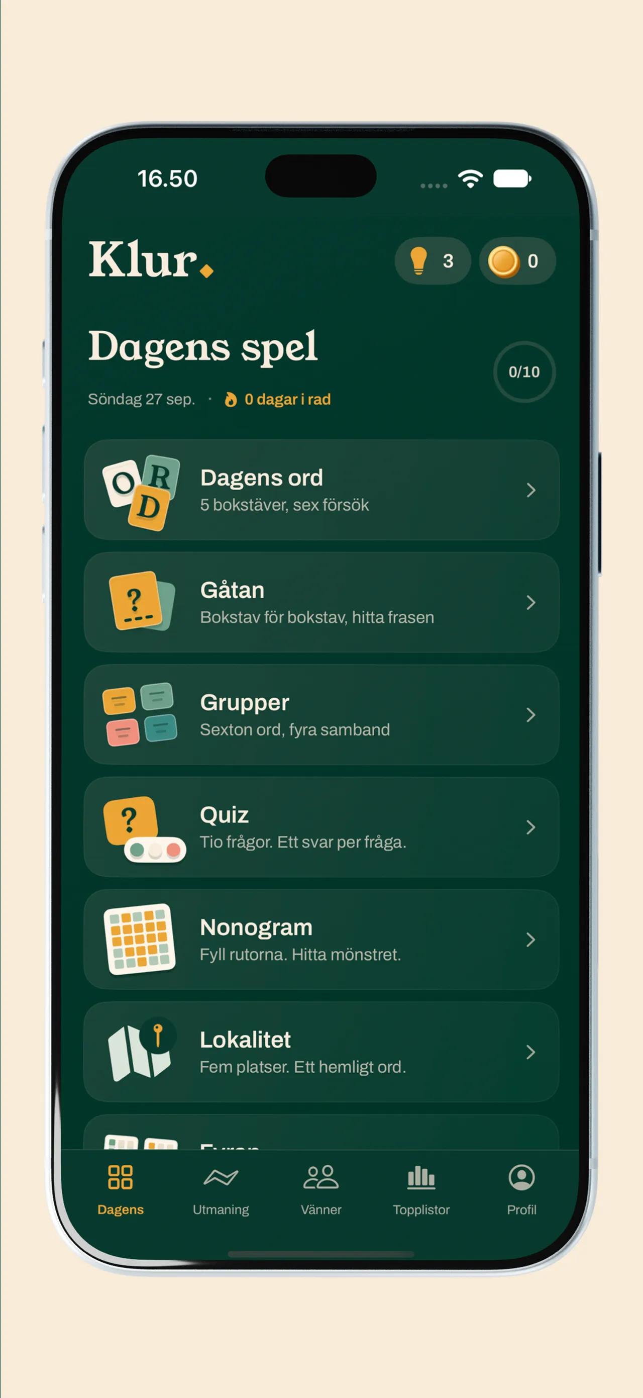 Klur's Dagens spel screen listing Dagens ord, Gåtan, Grupper, Quiz, Nonogram and Lokalitet with a 0 of 10 counter