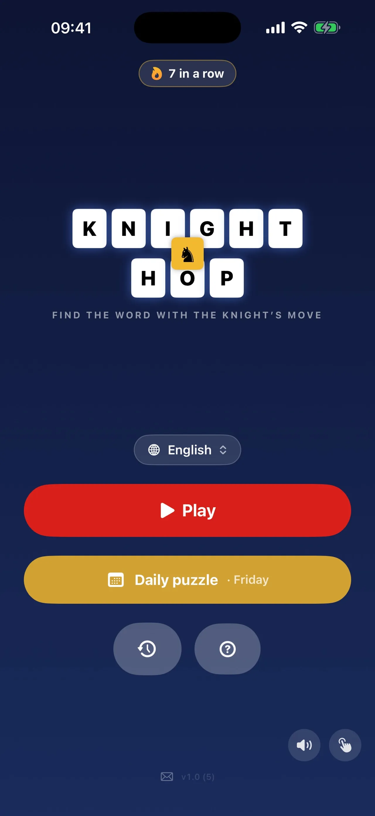 Knight Hop home screen with a 7 in a row streak, a language picker, a Play button and a Daily puzzle button for Friday