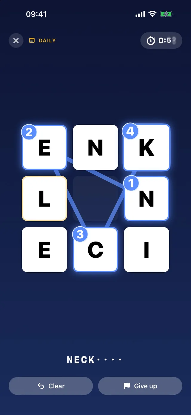 Knight Hop daily puzzle in play: a 3x3 letter board with four squares linked by knight's moves and NECK spelled so far under the board