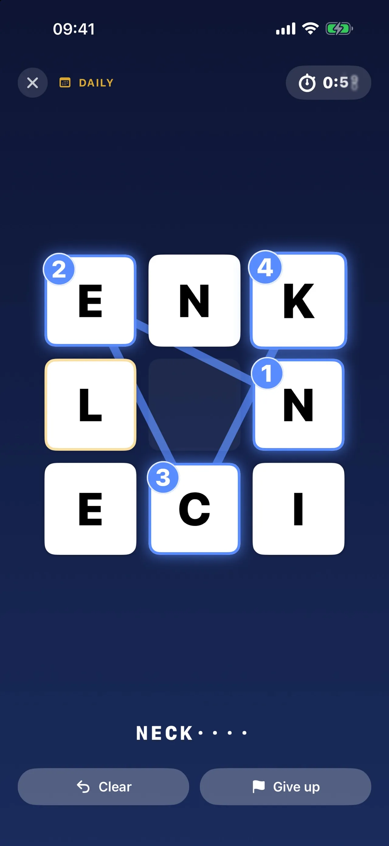 Knight Hop daily puzzle in play: a 3x3 letter board with four squares linked by knight's moves and NECK spelled so far under the board
