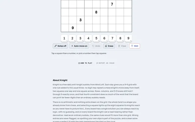 Knight anti-knight sudoku on mindloftdaily.com: the lower rows of a 9x9 grid with a few printed digits, and the number pad with Notes, Undo, Erase and Hint