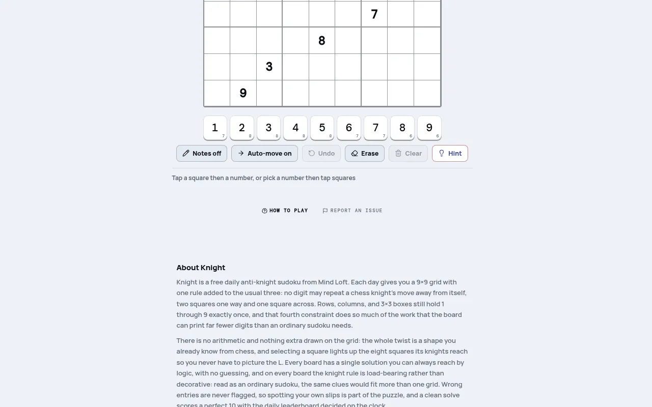 Knight anti-knight sudoku on mindloftdaily.com: the lower rows of a 9x9 grid with a few printed digits, and the number pad with Notes, Undo, Erase and Hint