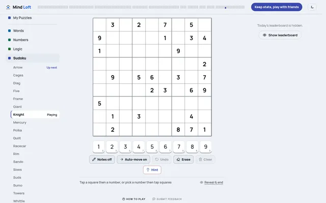 Knight on Mind Loft, 19 Oct 2026: today's whole 9x9 anti-knight sudoku with its 28 printed digits, the number pad with remaining counts, Notes, Auto-move, Undo, Erase, Hint