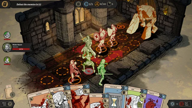 Knights in Tight Spaces screenshot of a turn-based fight on a grid with cards in hand