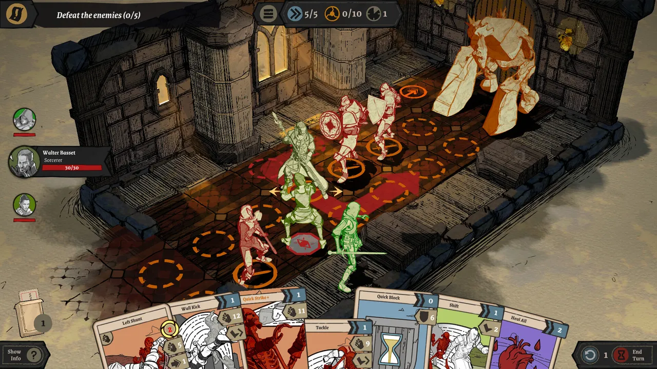 Knights in Tight Spaces screenshot of a turn-based fight on a grid with cards in hand