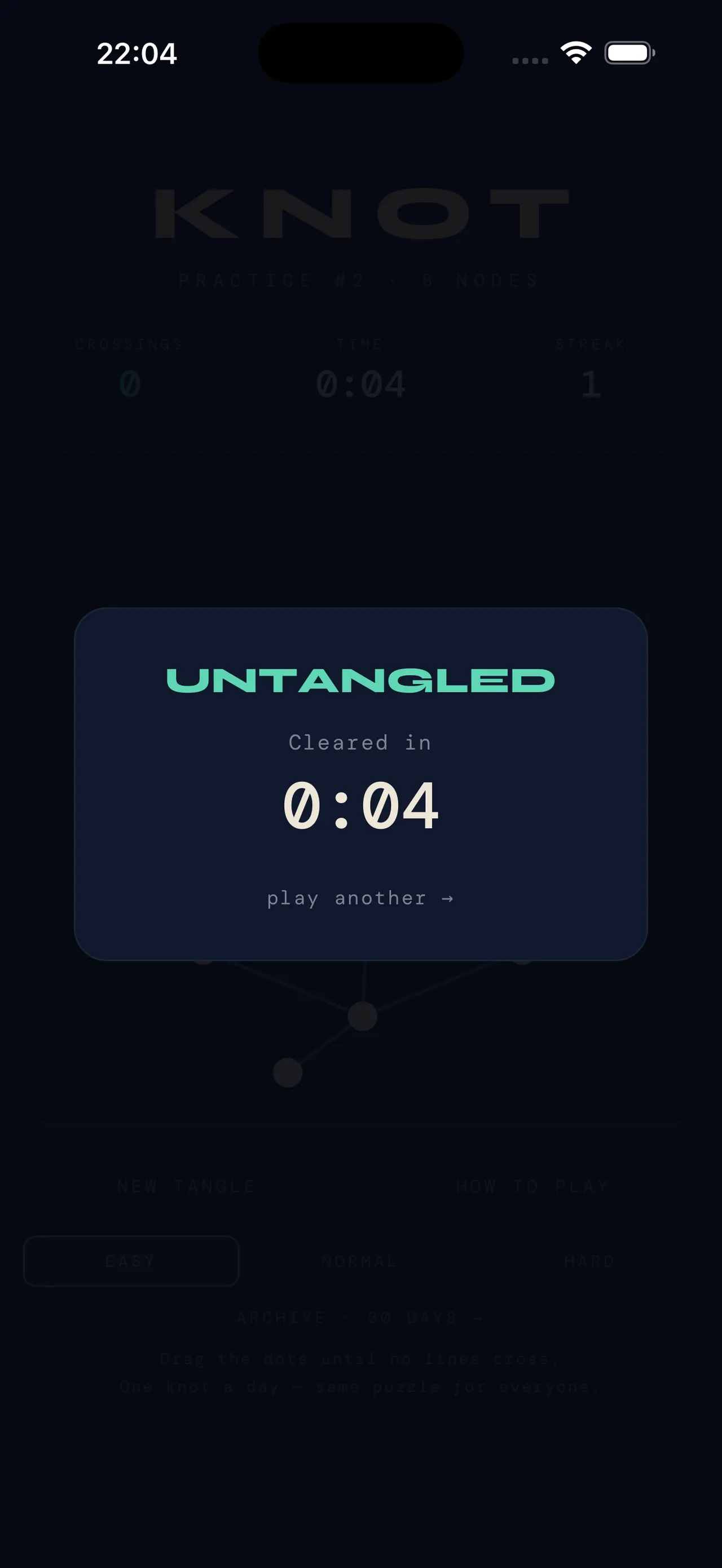 KNOT's Untangled card after a practice tangle of eight nodes, cleared in four seconds, with Easy, Normal and Hard buttons