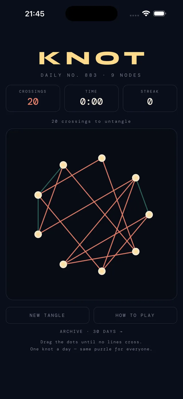 KNOT daily puzzle number 883 with nine dots and twenty crossing lines