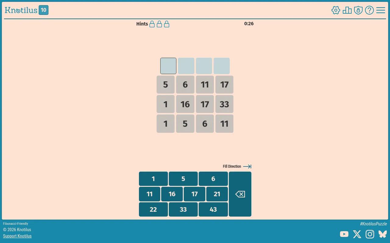 Knotilus level 10 board for 29 October 2026 with three sequences entered (5 6 11 17, 1 16 17 33, 1 5 6 11) above the ten number buttons