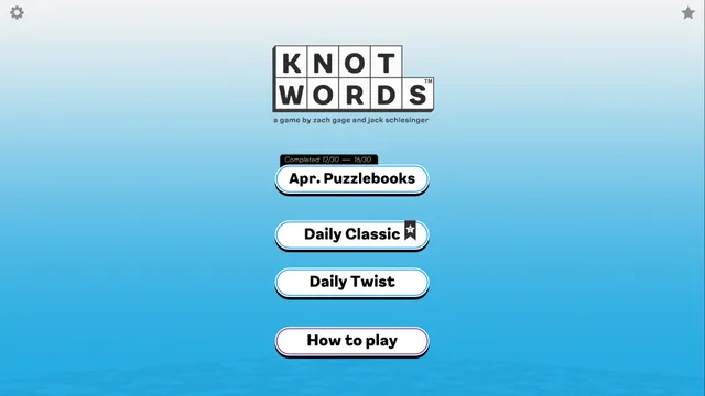 The Knotwords menu with buttons for the month's Puzzlebooks, Daily Classic and Daily Twist