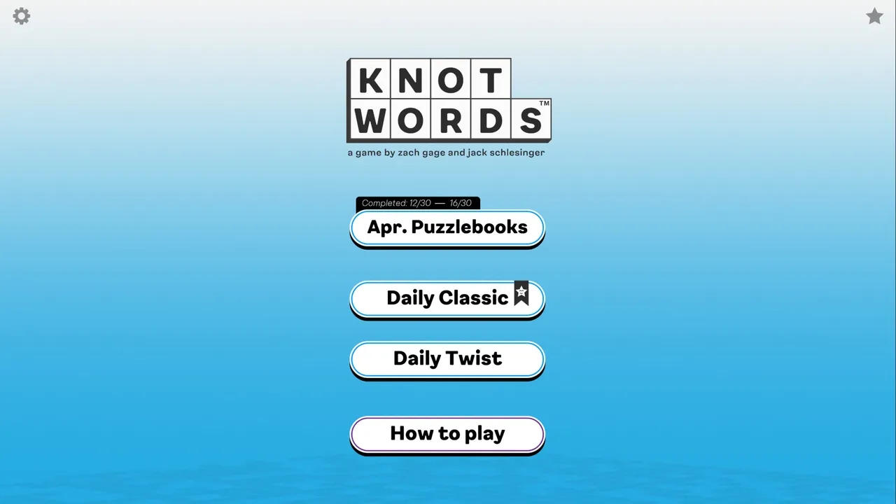 The Knotwords menu with buttons for the month's Puzzlebooks, Daily Classic and Daily Twist