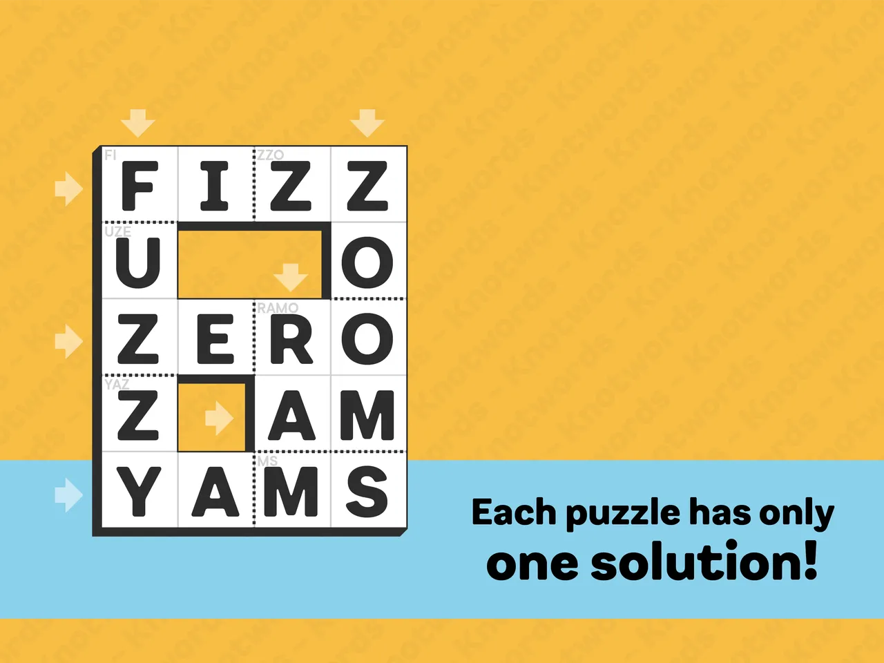 A solved Knotwords grid spelling FIZZ, ZERO and YAMS, with one solution