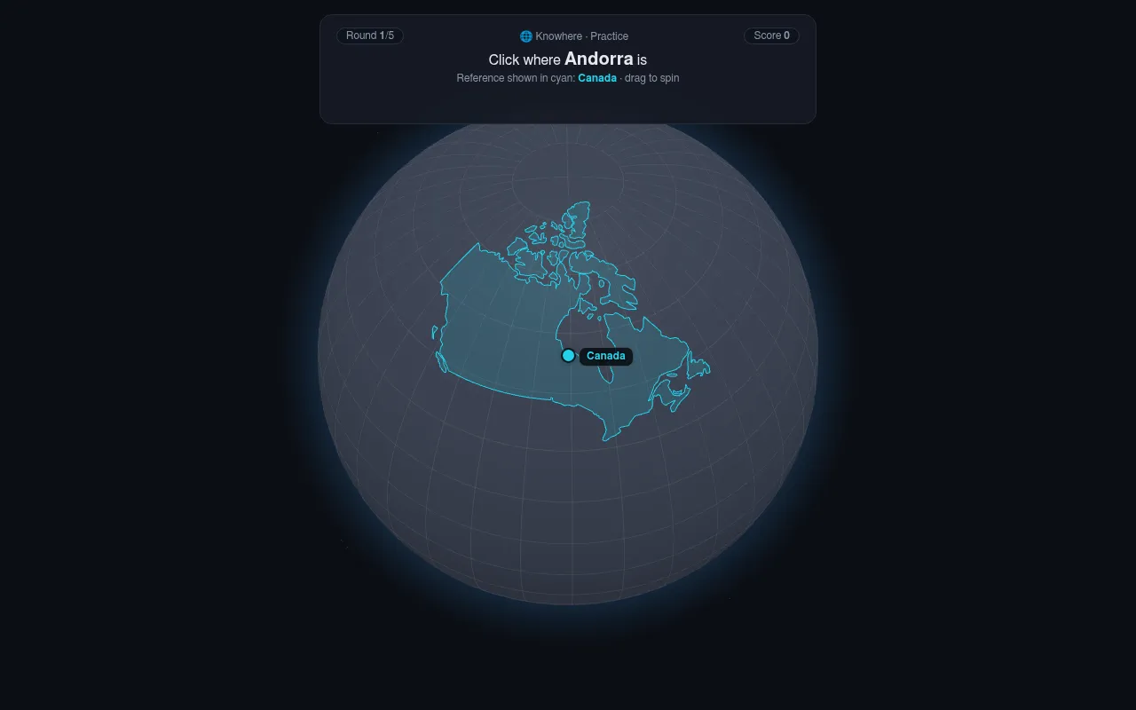 A Knowhere round: a blank globe with Canada outlined as the reference and the prompt to click where Andorra is