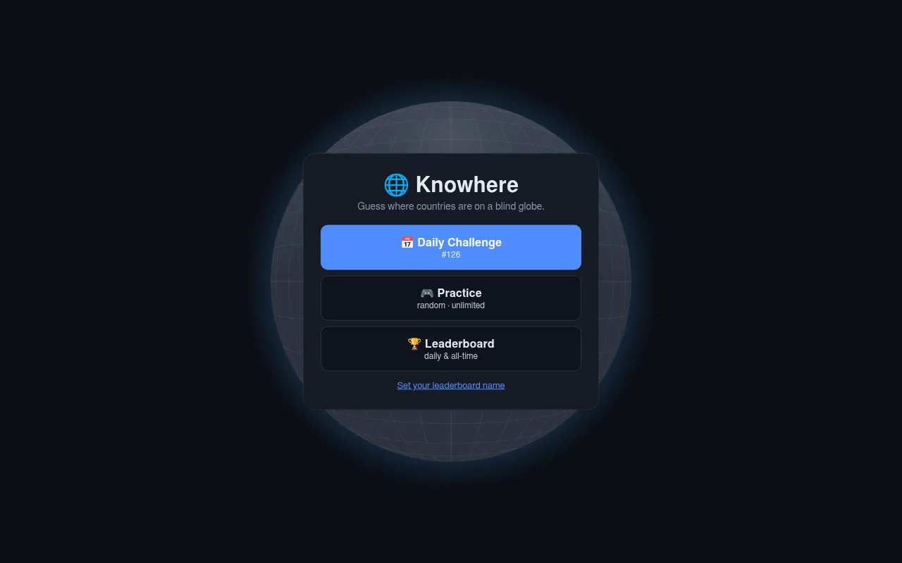 Knowhere start screen with Daily Challenge #126, Practice and Leaderboard