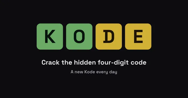 Kode share card: the letters K O D E on green and yellow tiles above the line Crack the hidden four-digit code