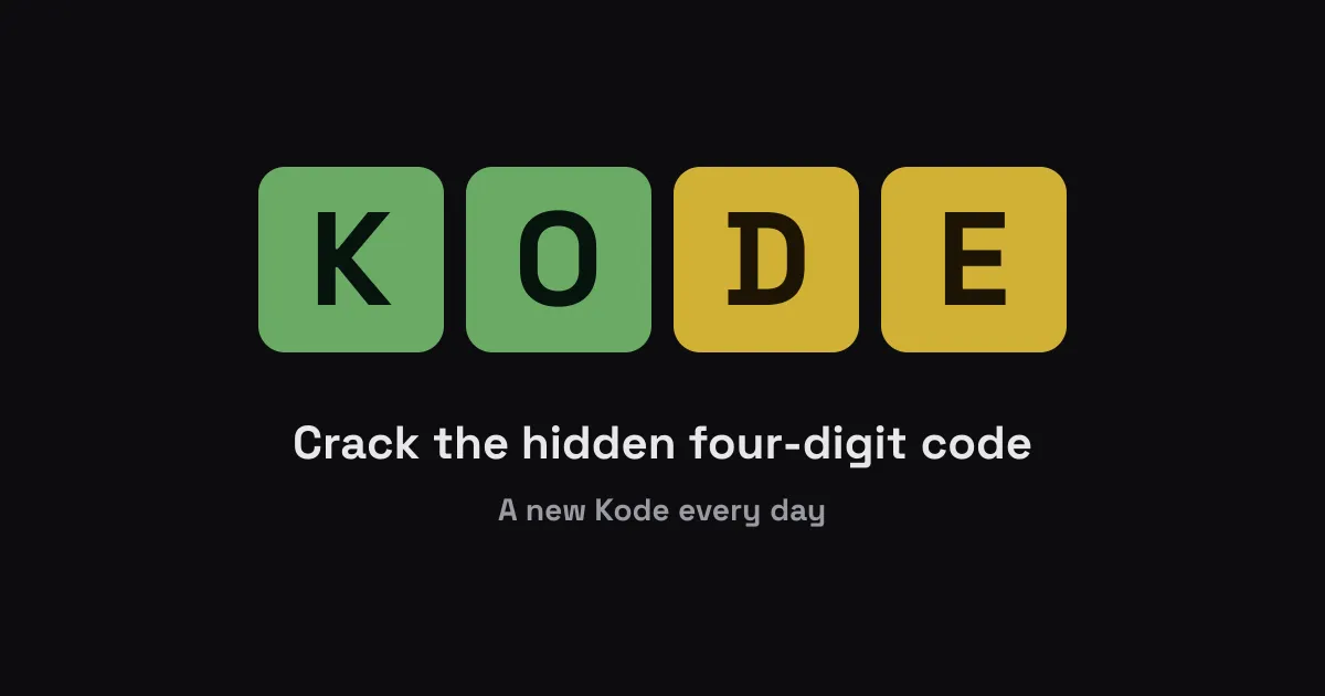 Kode share card: the letters K O D E on green and yellow tiles above the line Crack the hidden four-digit code