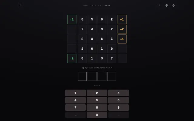 Kode No. 185 board for 28 October 2026: five rows of four digits with green triangle and yellow dot clue counts above an empty answer row and the number keypad