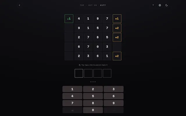 Kode No. 177 board: five rows of four digits with triangle and dot clue counts beside them, four empty answer boxes and a number keypad below