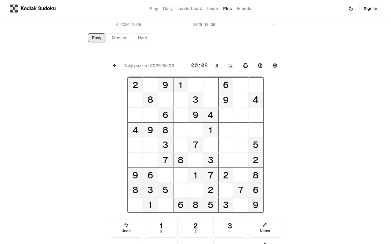 Kodiak Sudoku's Easy daily puzzle for 2026-10-06: a 9x9 grid with its given digits, the timer and the number pad below
