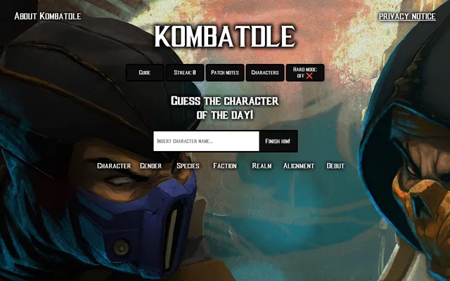 Kombatdle's start screen: the KOMBATDLE title over painted art of Sub-Zero and Scorpion, a character name box with its Finish him button, and the Gender, Species, Faction, Realm, Alig
