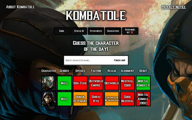 Today's Kombatdle board with guesses of Kotal Kahn and Scorpion: green gender and debut squares for Kotal Kahn, orange species and realm for Scorpion, red for the rest