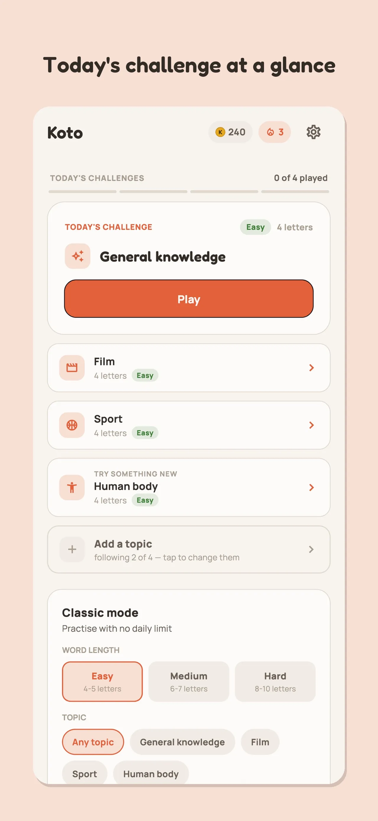 Koto home screen with Today's Challenge in General knowledge, topic dailies for Film, Sport and Human body, and Classic mode