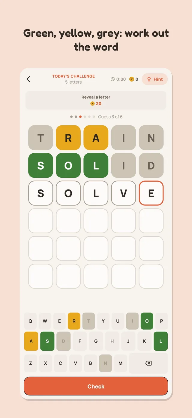 Koto Today's Challenge, 5 letters, with guesses TRAIN and SOLID coloured and SOLVE being typed, guess 3 of 6