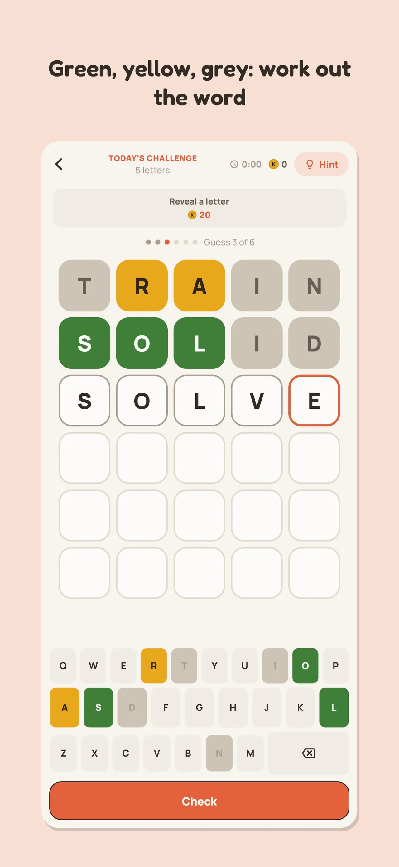 Koto Today's Challenge, 5 letters, with guesses TRAIN and SOLID coloured and SOLVE being typed, guess 3 of 6