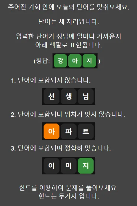 KoWordle help screen: example guesses 선생님, 아파트 and 이미지 with dark, orange and green syllable tiles for the answer 강아지