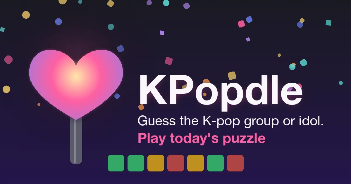 The KPopdle wordmark with a heart-shaped lightstick and a row of coloured squares