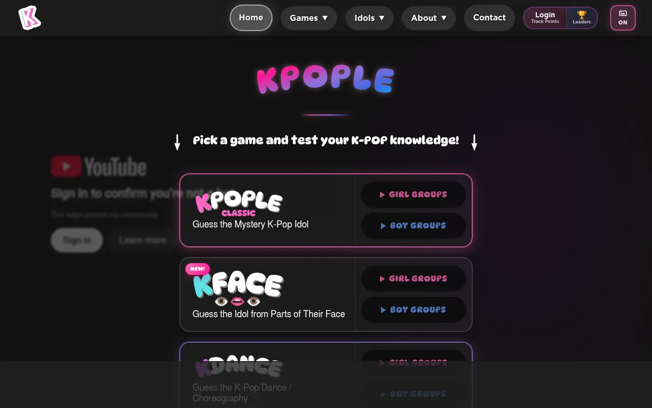 KPOPLE home page: the KPOPLE logo above a menu of its daily games, KPOPLE Classic, KFace and KDance, each with Girl Groups and Boy Groups buttons