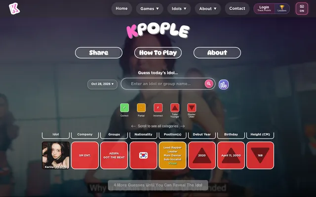 KPOPLE Girl Groups for Oct 28, 2026 after one guess, Karina of AESPA, with company, group, nationality and debut year red, positions orange, and arrows on birthday and height